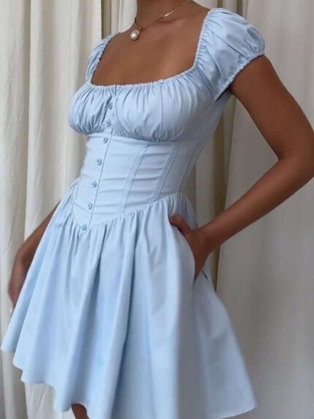 House of CB NALA Nantucket Blue Corset Puff-Sleeve Mini Dress